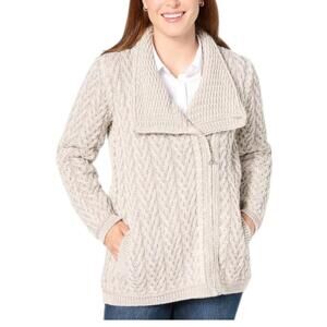 Aran Crafts Women's Merino Wool Asymmetrical Zip Sweater Cardigan Gray - Regular